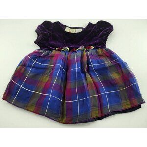 Marmellata Baby Girl Short Sleeve Party Dress Velvet Top Plaid Skirt Purple 6-9M